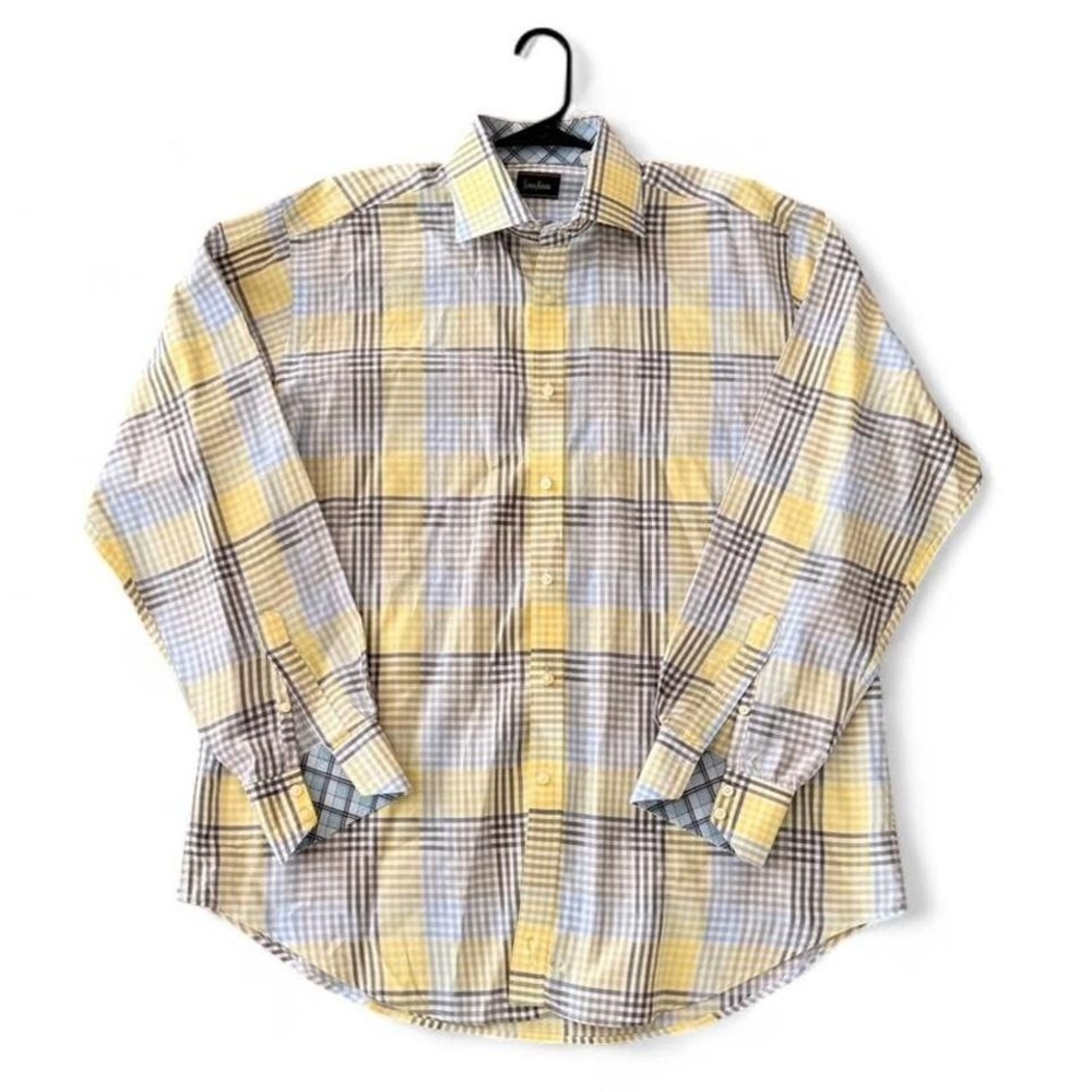 Neiman‎ Marcus Mens Plaid Long Sleeve Button Down Shirt Yellow Blue Gray Size XL